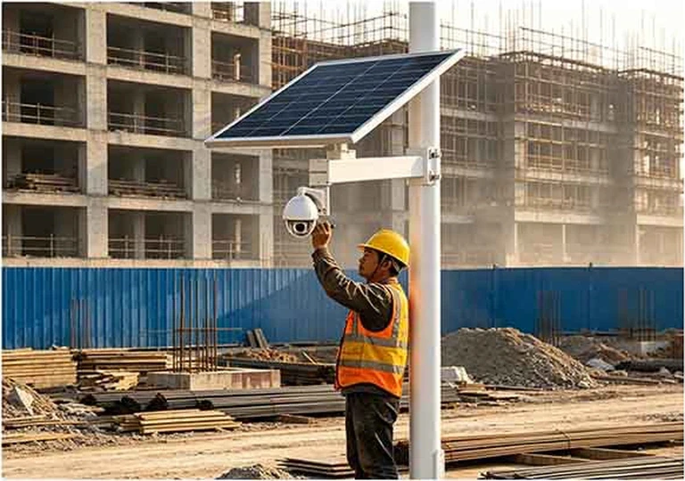 Montage eines solaren Überwachungssystems auf einer Baustelle