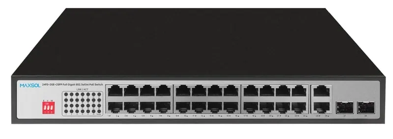 Maxsol PS12402FG PoE-Switch mit 24 Gigabit-PoE-Ports sowie RJ45- und SFP-Uplinks
