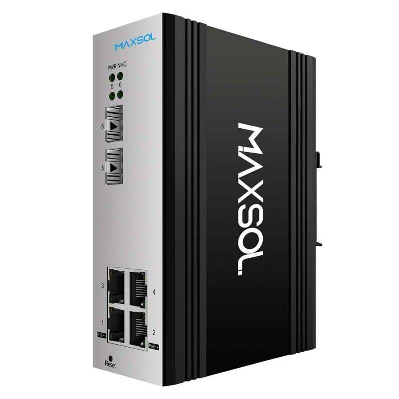 Industrie-PoE-Switch für Hutschienenmontage mit vier Gigabit-PoE-Ports und zwei SFP-Ports
