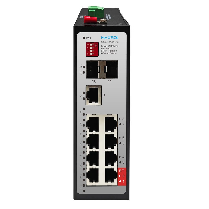 Industrieller 8-Port-HiPoE-Switch mit 90-W-BT und SFP-Uplinks
